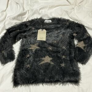 Zara 5 deep grey gold stars sweater furry high low hemline very soft nwt